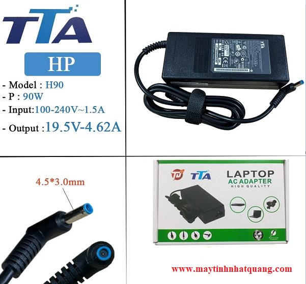 Sạc nguồn Adapter laptop HP 19V-4.62A 90W chân kìm nhỏ 4.5x3.0mm hãng TTA - H90